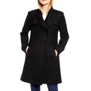 Kenneth Cole Womans 10 Long Wool Trench Coat Snap Button Front Black L